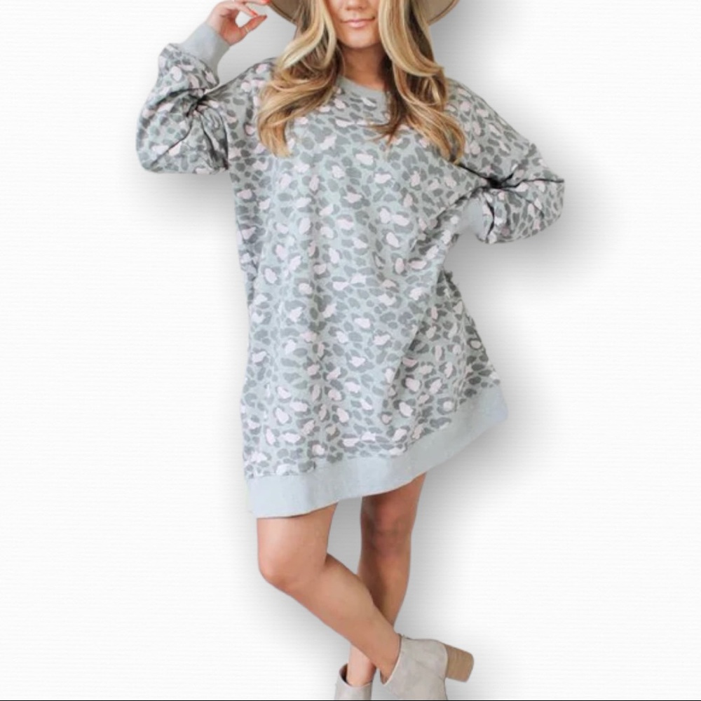 EASEL women's gray leopard print terry knit oversize sweatshirt dress SZ M